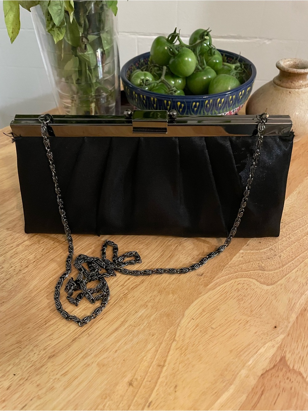Jessica McClintock - Black Satin Evening Clutch with Chain Strap
